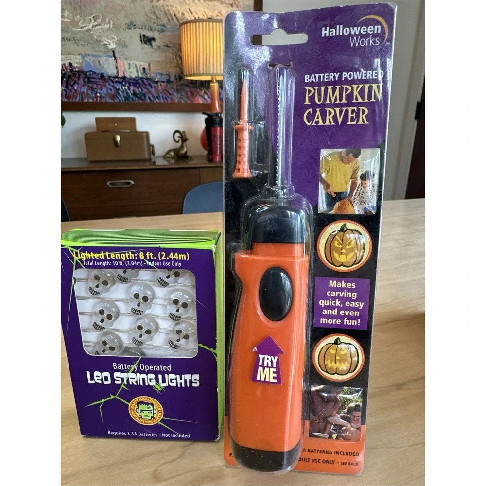 Rare Lot (1) LED‎ Skull String Lights  And (1) Pumpkin Carver Halloween Battery